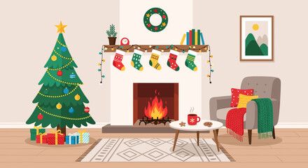 Cozy Christmas living room with a decorated tree, stockings, fireplace, and festive decor, warm atmosphere, on light background
