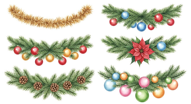 Christmas garland and festive decorations isolated on transparent background