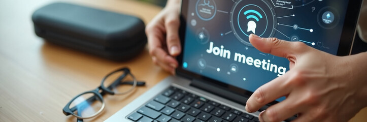Join meeting on laptop with hands touching screen, showing meeting interface, and eyeglasses next to it. Virtual join meeting concept for online teamwork,