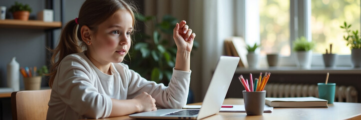 Online learning girl at desk with laptop raising hand in study room. Online learning includes video conference for digital education at home. Remote online learning perfect for social media ads.