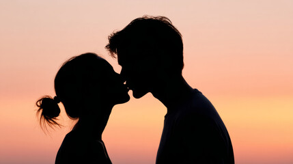 Romantic world kiss day celebration: silhouetted couple against pink twilight sky