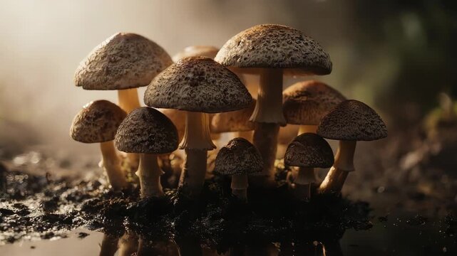 Group of mushrooms in the forest, surrounded by fog and ground