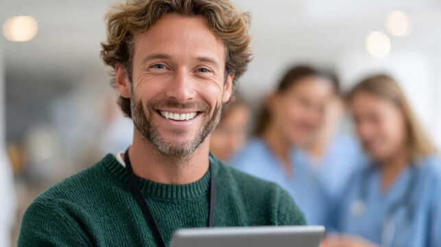 Professional b2b interaction with young man in green using software in dynamic business scene - Powered by Adobe