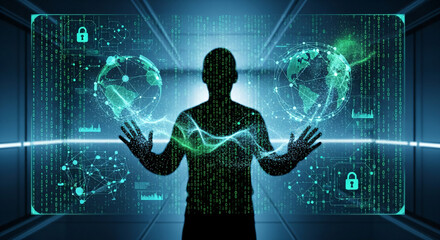 Visionary architect of digital future manipulates global network data, shaping innovation and security with powerful foresight