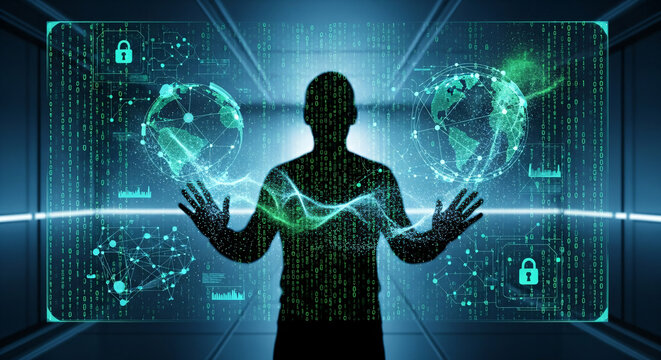 Visionary architect of digital future manipulates global network data, shaping innovation and security with powerful foresight