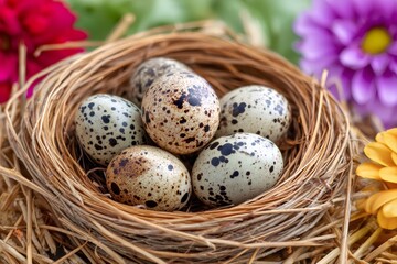Obraz premium Quail eggs nestled in a bird's nest during spring