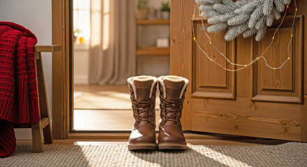 Pair of snow boots placed on carpet by wooden door with winter decorations