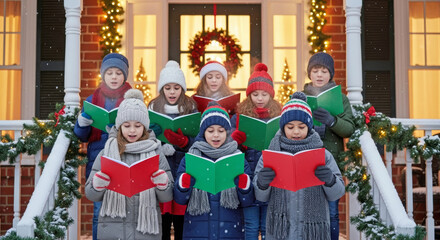 Group of children singing Christmas carols outdoors in winter evening