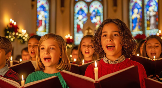 Children singing in Christmas Eve church service with stained glass windows