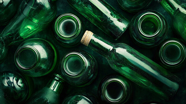 Top view of green glass bottles for recycling. Flat lay background of waste glass promoting reuse and sustainability. Environmental conservation concept