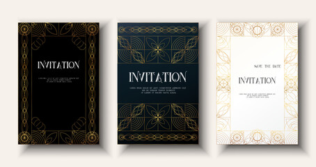 Luxury invitation, Elegant template, Card frame art deco flyer  card set in black, navy white background. Golden geometric gradient premium design for gala, grand opening, party invitation, layout.