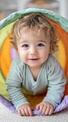 Fototapeta premium Happy toddler playing indoors in colorful tunnel for creative child development