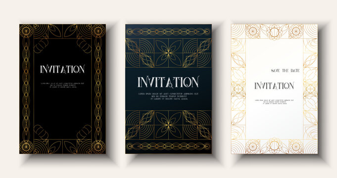 Luxury invitation, Elegant template, Card frame art deco flyer  card set in black, navy white background. Golden geometric gradient premium design for gala, grand opening, party invitation, layout.