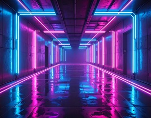 A symmetrical corridor bathed in neon light. Reflections dance on the wet floor, leading towards a hazy end. Blue and purple dominate the scene
