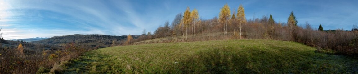 Fototapeta premium Panoramic nature landscape, soft pastel colors, dream nature, sunset autumn background, peaceful amazing nature panorama