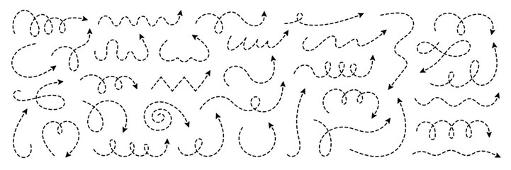 Squiggly dotted line arrows doodle set. Curve and spiral dash comic directions in sketch style. Hand drawn vector illustration isolated on white background