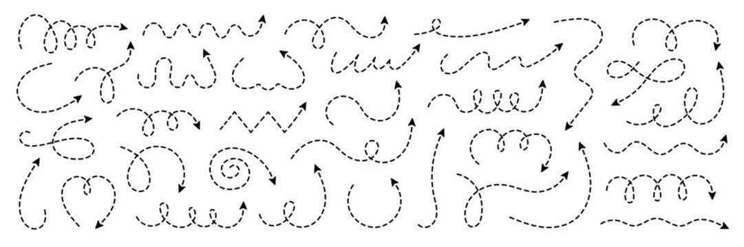 Squiggly dotted line arrows doodle set. Curve and spiral dash comic directions in sketch style. Hand drawn vector illustration isolated on white background