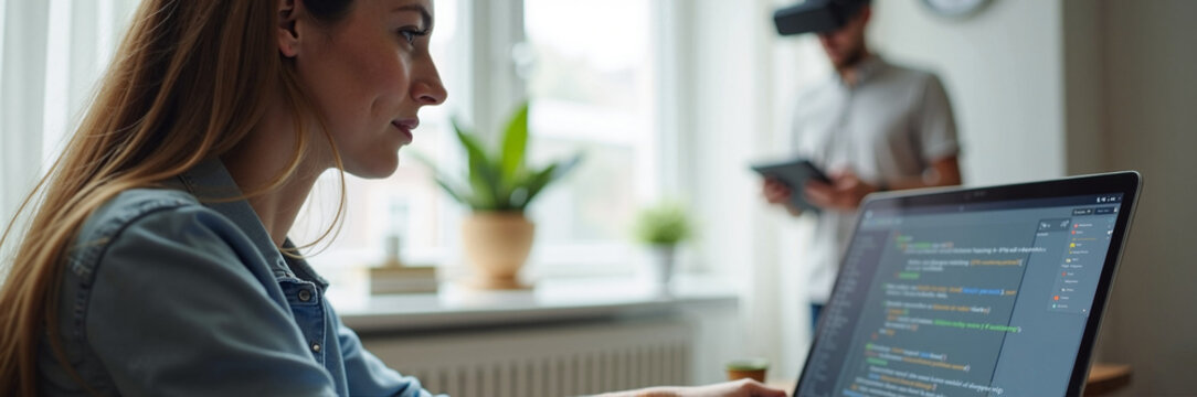 Woman coding on laptop near man wearing VR headset showcases digital workspace. Digital workspace features programmer using laptop for coding while someone explores virtual reality with headset. - Powered by Adobe