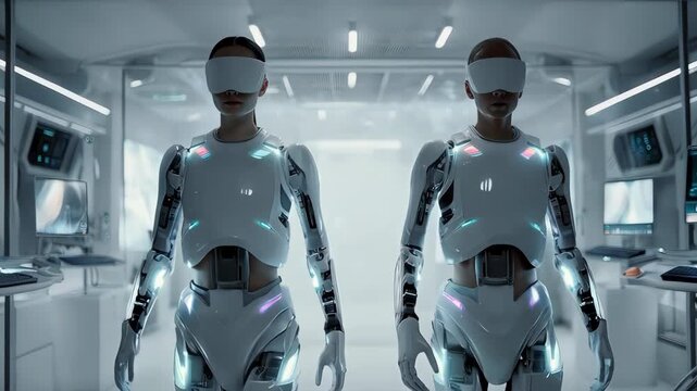 Two humanoid robots wearing futuristic VR visors in high tech laboratory
