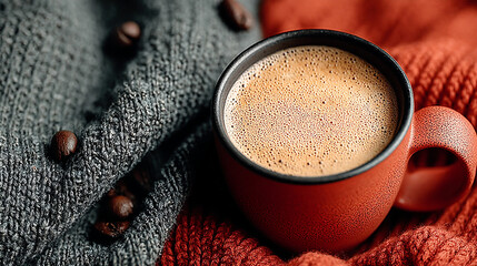 A warm cup of coffee in a red mug nestled in cozy knitted fabrics. Autumn comfort and hygge lifestyle concept with roasted coffee beans