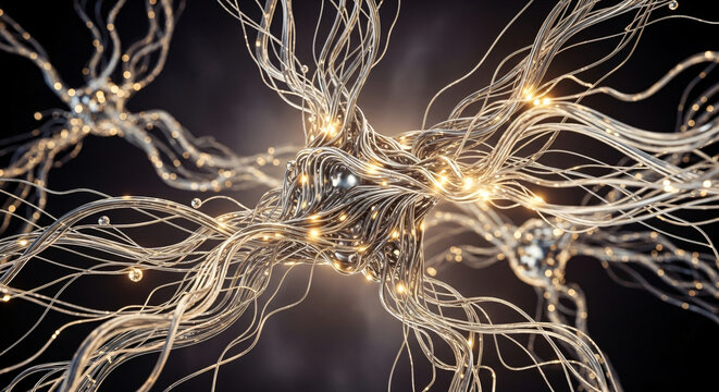Dynamic neural network with glowing synapses transmitting data signals, representing complex biological and technological connections, perfect for science and innovation concepts.