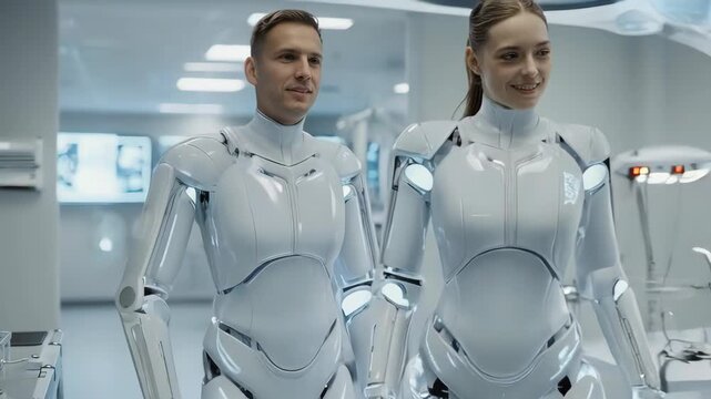 Two humanoid robots walk together through a bright, technologically advanced facility setting