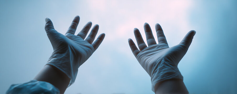 A healthcare worker's hands in medical gloves raised towards the sky. A doctor or nurse praying for hope and help during a pandemic