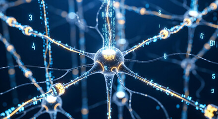 Dynamic neural network with glowing synapses transmitting digital data and abstract numeric symbols creating a futuristic science concept