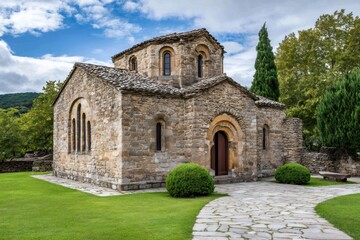 Romanesque stone church building on sunny day
