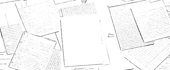 Scattered sheets of paper with lines and grids creating a chaotic yet organized monochrome pattern.