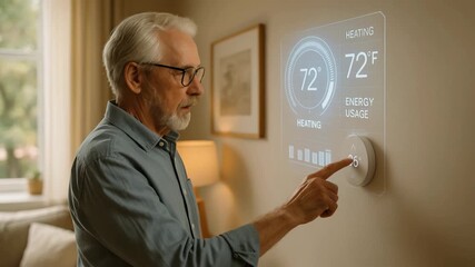 Elderly man using smart thermostat with augmented reality interface for home energy efficiency - Powered by Adobe