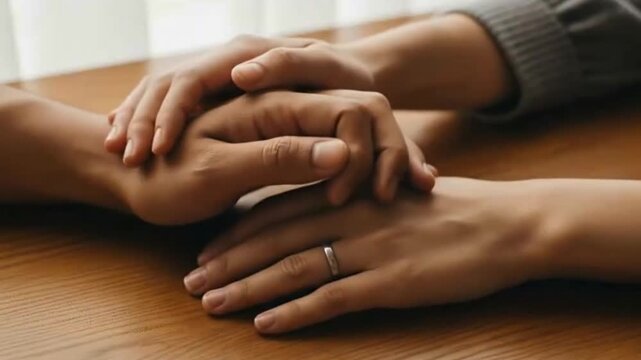 Close-up of interlocked hands on a wooden table, symbolizing comfort, intimate connection, support, unity, empathy, and the importance of human touch