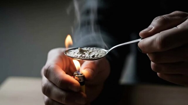 Flame heats spoon with substance held in hand. The act represents addiction, dangerous action, unhealthy habit, risky behavior, and dependence.