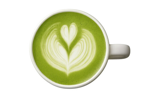 Matcha latte with heart latte art top view
