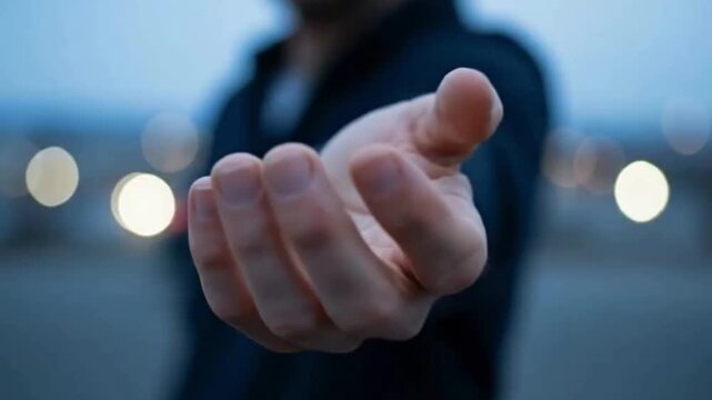 A fair-skinned hand clenches into a fist and opens again in a cyclical movement, representing offer, denial, asking, acceptance, and human gesture