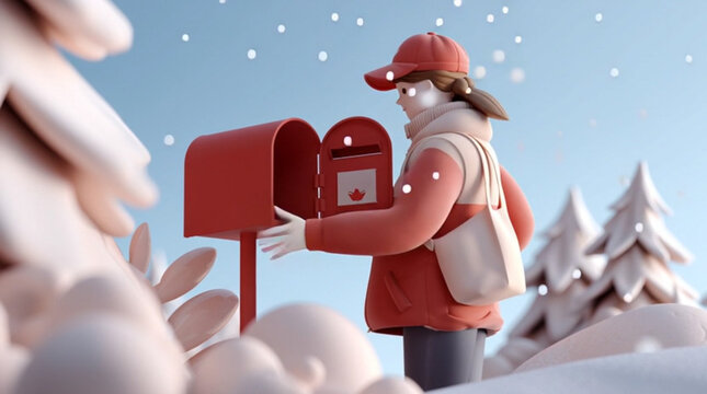 Winter character sending mail at a red mailbox