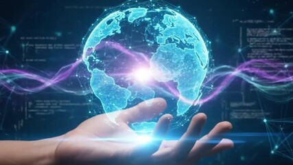 A glowing Earth hovers above outstretched hands, surrounded by streaming data and geometric connections, representing global technology and future network - Powered by Adobe