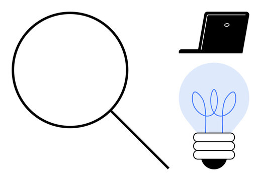 Magnifying glass next to a laptop and light bulb with sprouting plant design. Ideal for research, innovation, creativity, technology, growth, exploration, teamwork. Simple flat metaphor