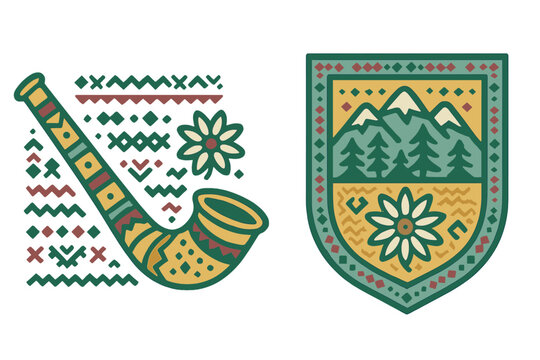Alpine alphorn and mountain crest badge with geometric folk patterns and edelweiss