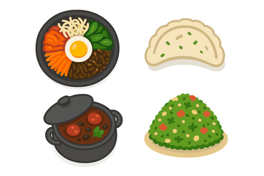 Stylized set of traditional Korean food icons featuring Bibimbap, savory stew, and dumpling