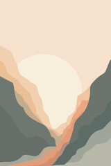 Minimalist abstract landscape with soft pastel mountains and a glowing sun. Calming natural scenery symbolizing balance, peace, and simplicity in modern design.