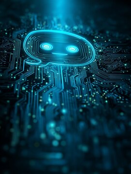 A glowing, robotic face emerges from a circuit board, symbolizing artificial intelligence and futuristic tech. The image blends innovation, data, and human-like expression. Chatbot concept.