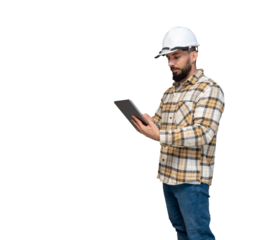 Construction worker using digital tablet, planning and overseeing building projects with modern technology  on transparent background