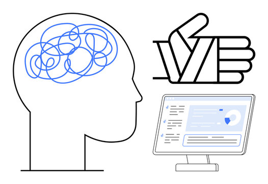 Tangled brainlines representing problems, accompanied by a thumbs-up gesture and an organized digital interface on a monitor. Ideal for problem-solving, productivity, mental clarity, cognitive
