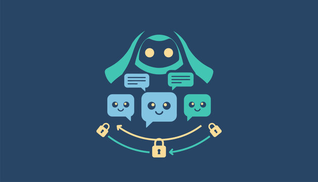 An illustration of a secure online chat featuring cartoon avatars communicating safely under the watchful eye of a digital guardian.