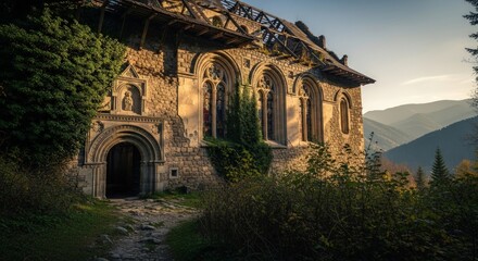 Obraz premium Ancient Stone Chapel Nestled in Lush Green Mountains at Sunset.