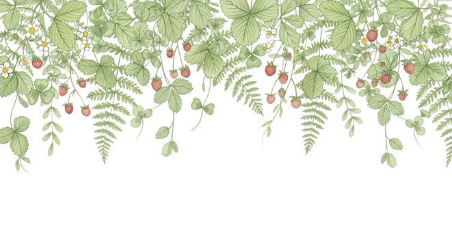 Border of green leaves, ferns, and wild strawberries, isolated on transparent background