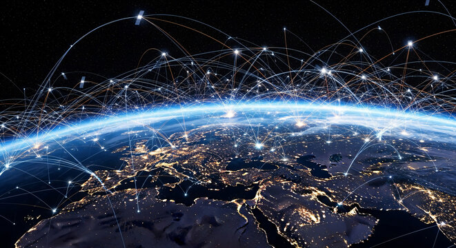 Global interconnectedness visualized with dynamic light trails and satellite connections across Earth's illuminated night surface