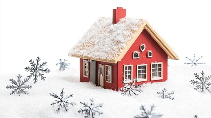 Charming red Christmas house covered in snow with decorative snowflakes creating a winter wonderland scene perfect for holiday promotions