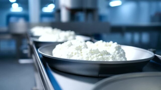 Fresh cottage cheese being produced in a modern dairy factory with stainless steel automated machinery, clean industrial interior, bright white lighting ensuring 
